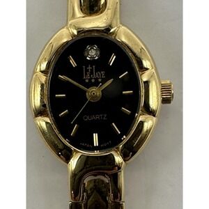 Le Jaye Ladies Vintage Watch New Battery 16MM 7.5" Gold Tone Black Dial B58